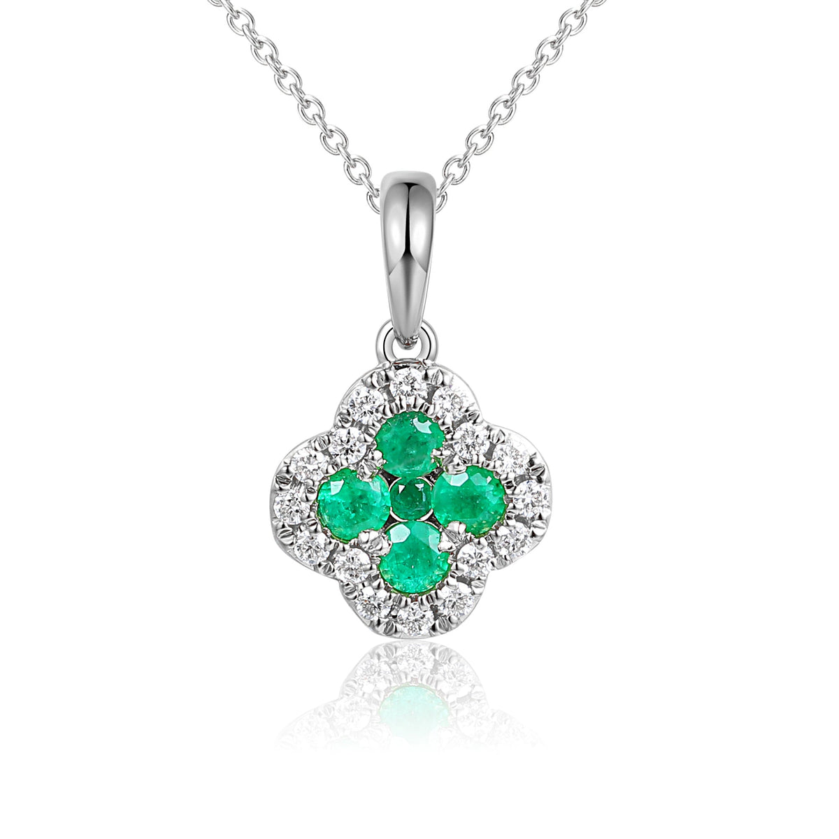 18k White Gold Clover Emerald And Diamond Cluster Pendant Necklace - The Real Gem
