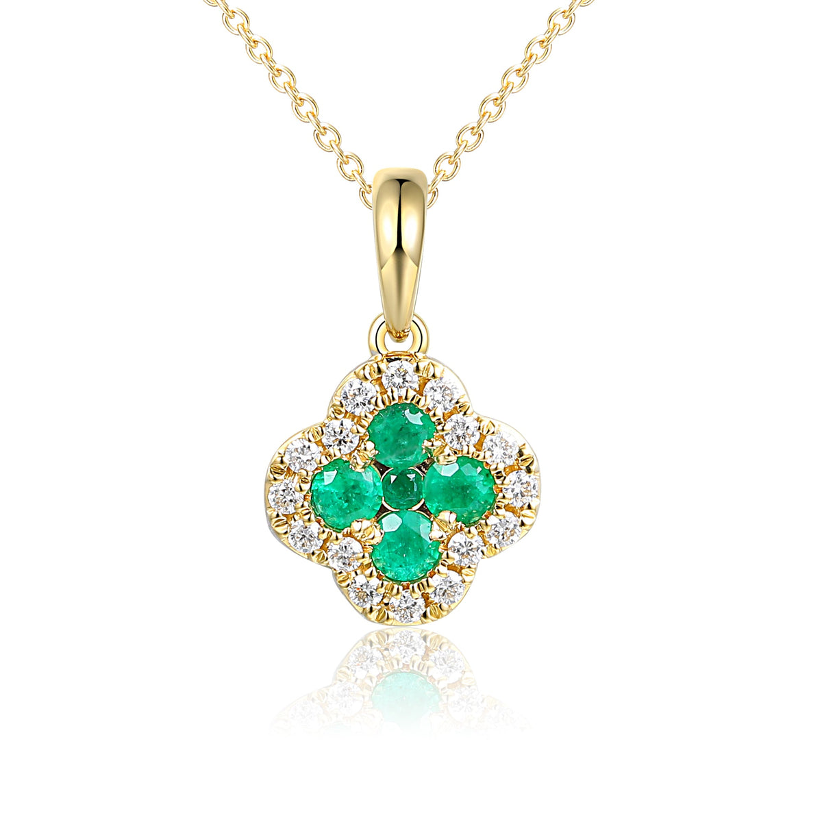 18k Yellow Gold Clover Emerald And Diamond Cluster Pendant Necklace - The Real Gem
