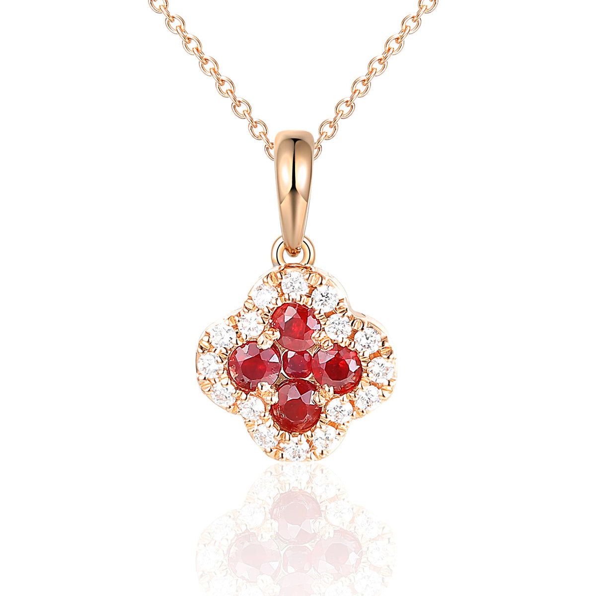 18k Rose Gold Clover Ruby And Diamond Cluster Pendant Necklace - The Real Gem