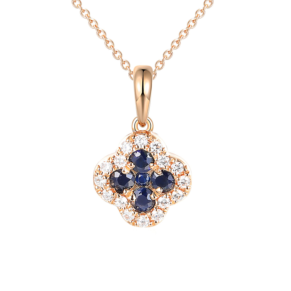 18k Rose Gold Clover Blue Sapphire And Diamond Cluster Pendant Necklace - The Real Gem