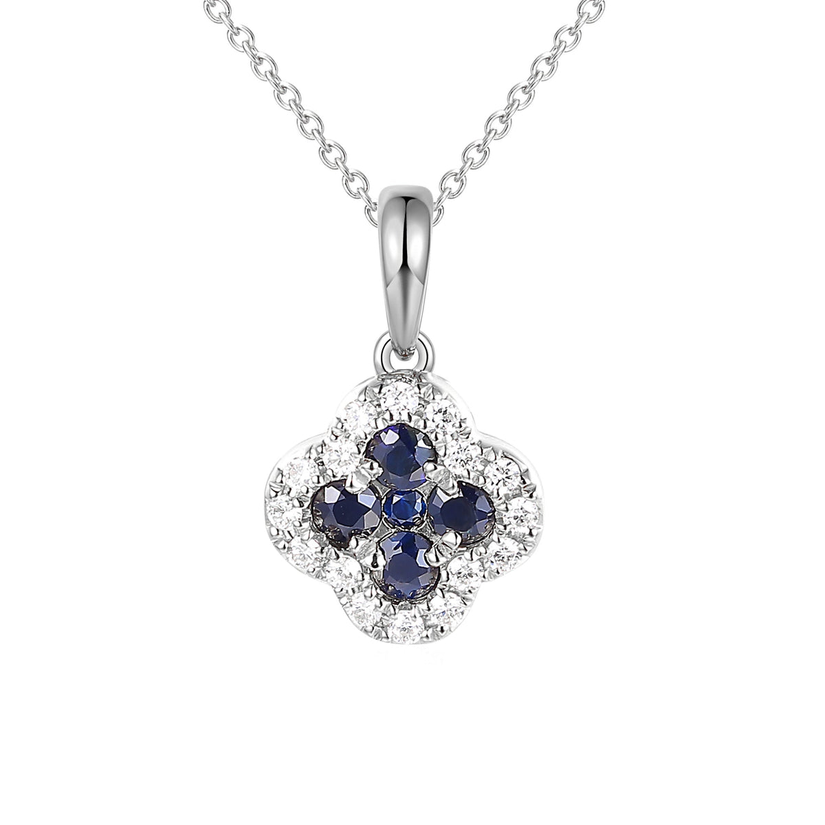 18k White Gold Clover Blue Sapphire And Diamond Cluster Pendant Necklace - The Real Gem