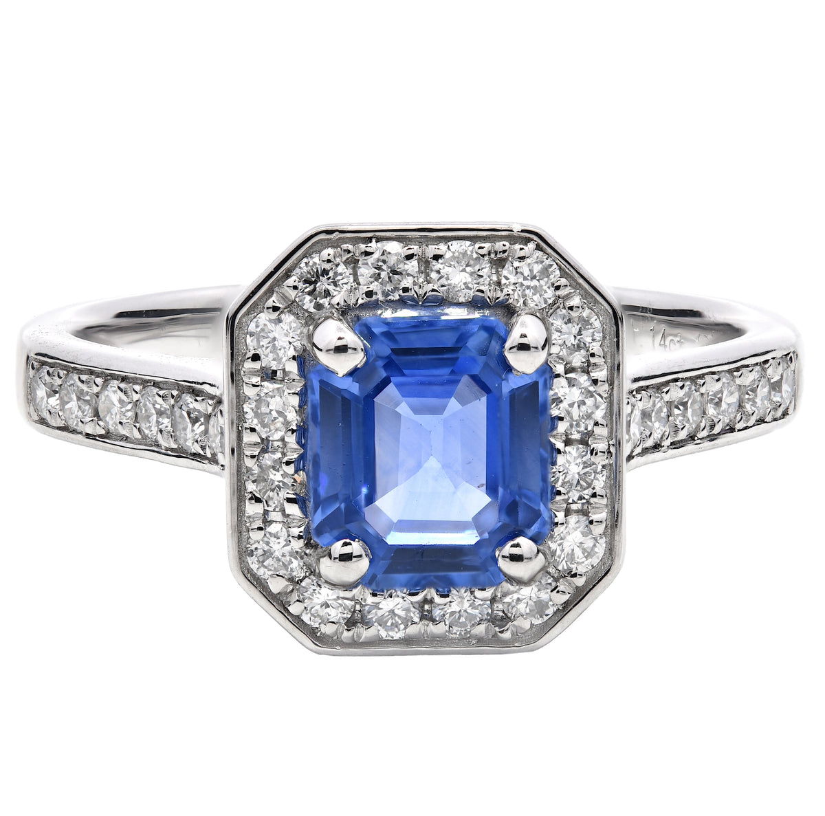 Blue Sapphire 1.14ct & Diamond 0.29ct Emerald Cut Cluster Ring in Platinum