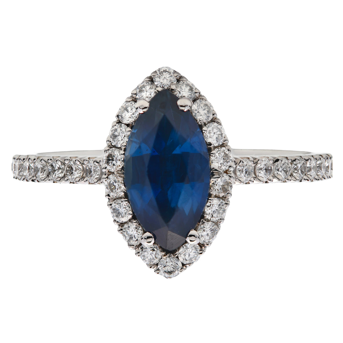 Platinum Blue Sapphire 0.98ct & Diamond 0.34ct Marquise Halo Ring – The Real Gem