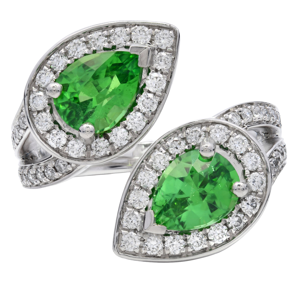 Tsavorite and diamond pear two stone ring in platinum