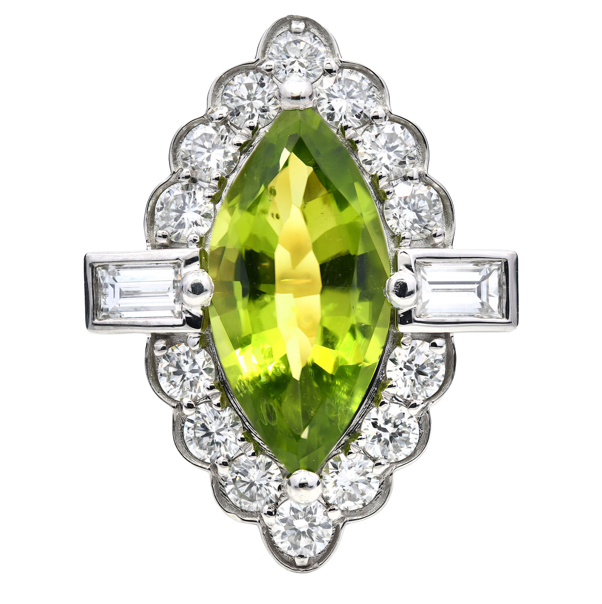 Peridot and diamond marquise halo ring in 18k yellow gold and platinum