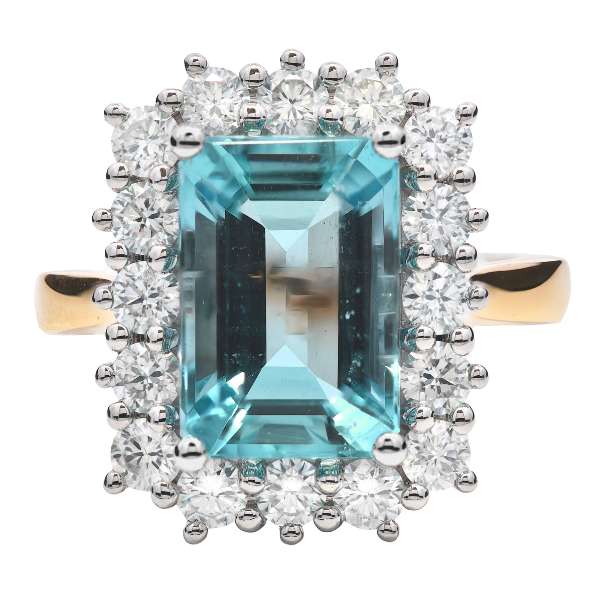 18k Yellow Gold and Platinum Aquamarine 3.05ct & Diamond 0.89ct Cluster Ring - The Real Gem