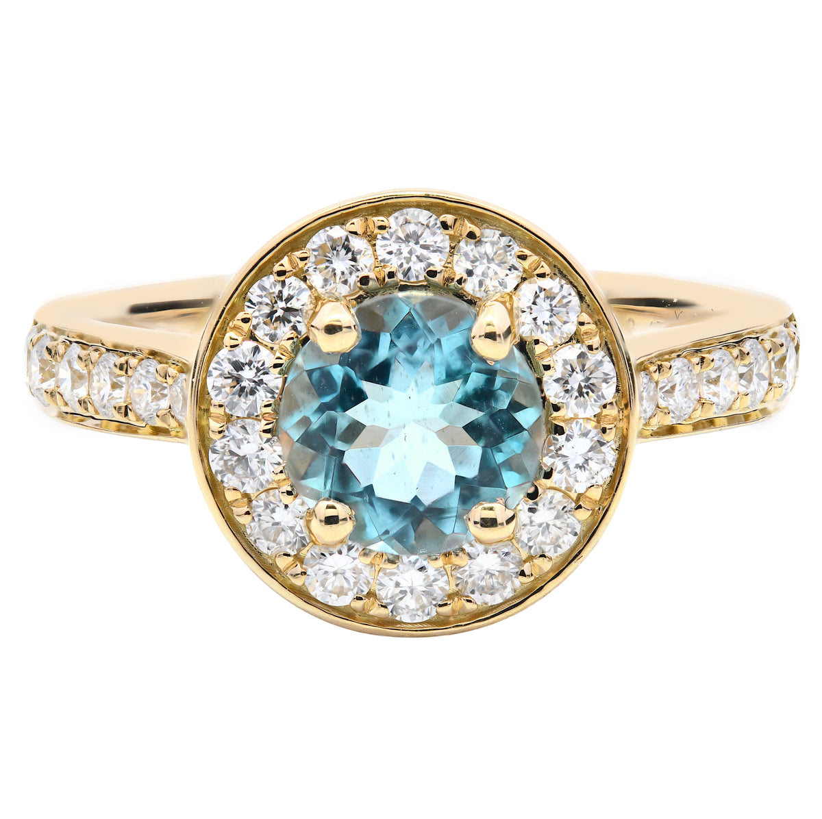 Aquamarine 0.64ct and Diamond 0.47ct Halo Ring in 18k Yellow Gold
