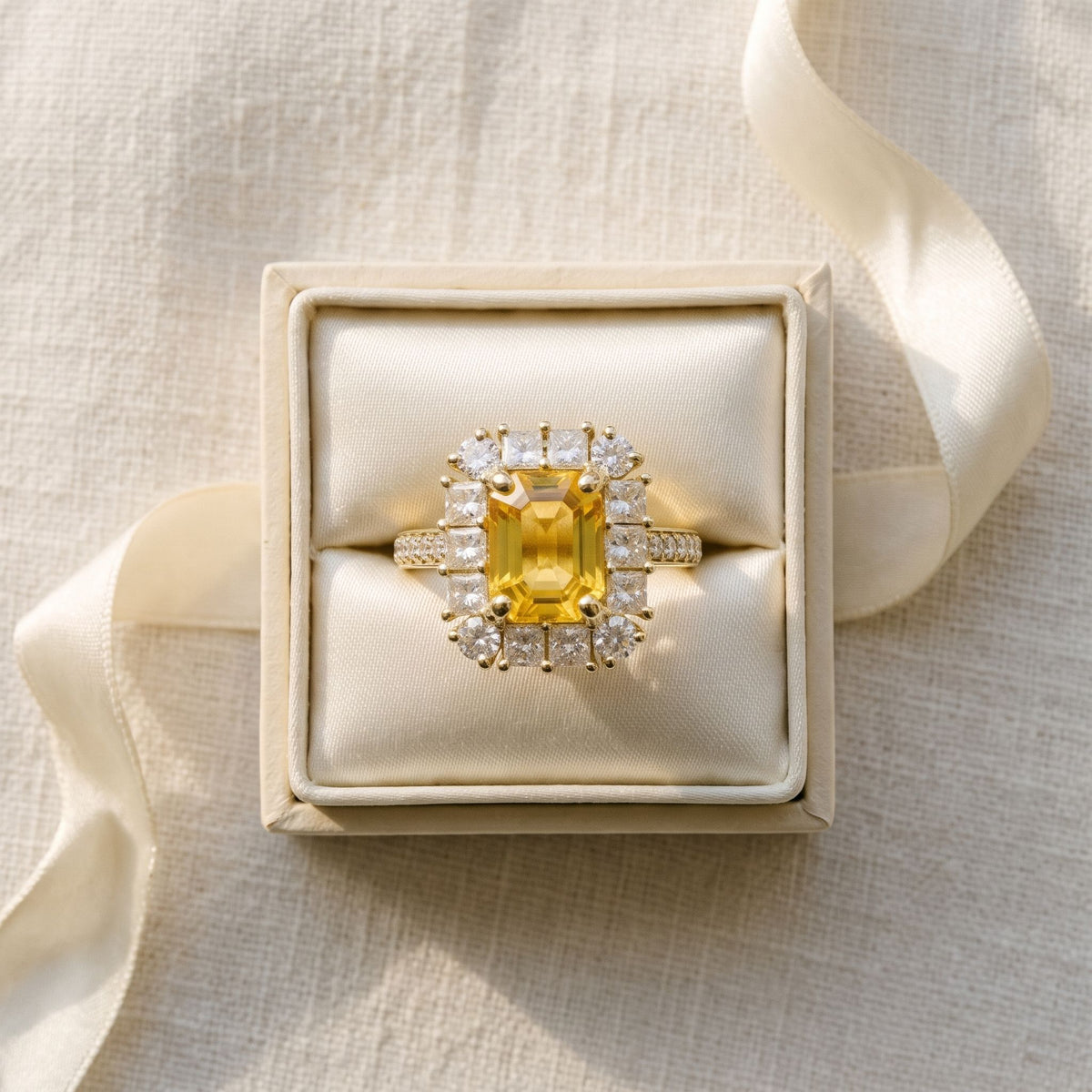 Yellow sapphire and diamond emerald cut cluster ring in 18k yellow gold, on ivory silk