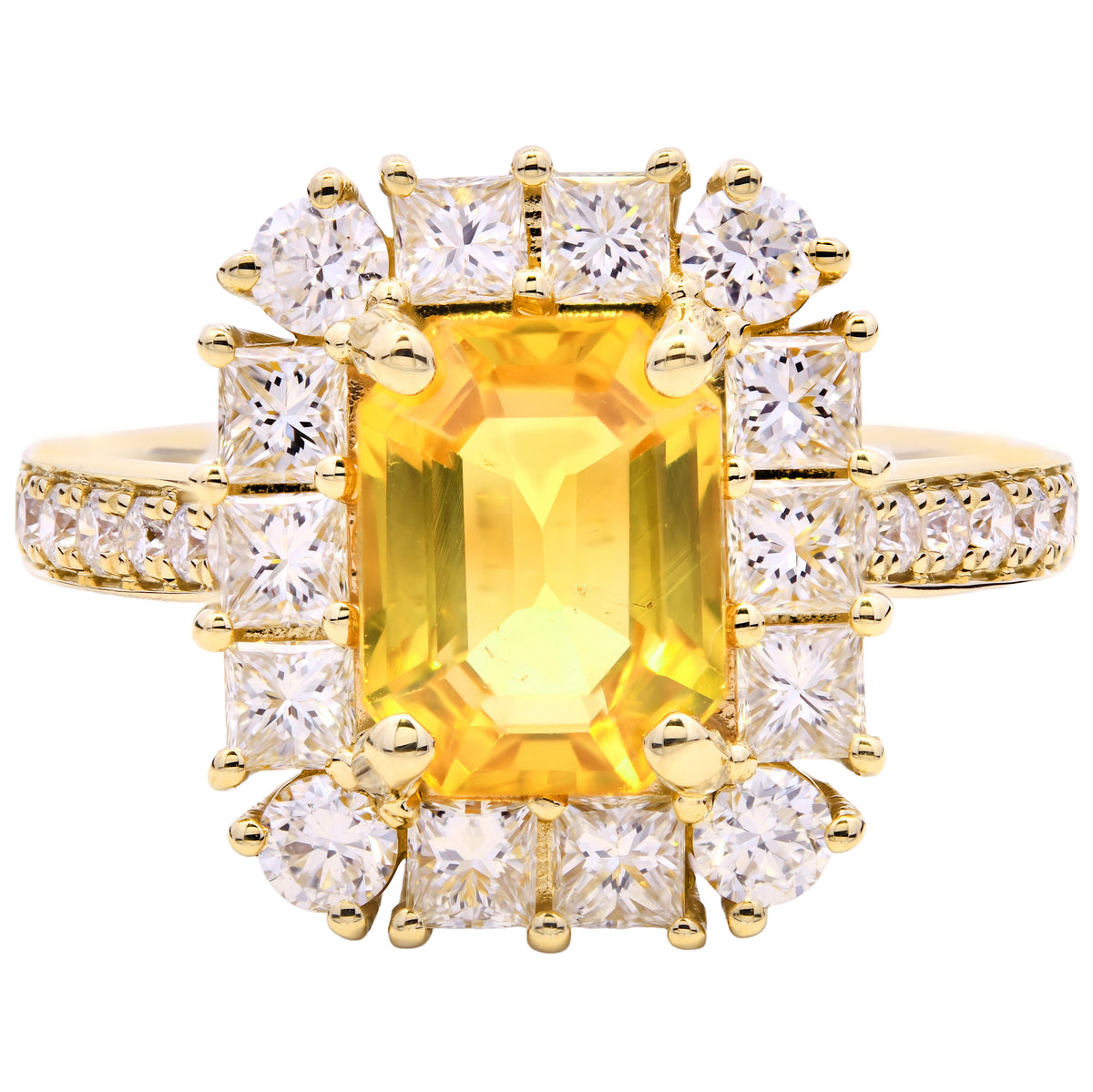 Yellow sapphire and diamond emerald cut cluster ring in 18k yellow gold