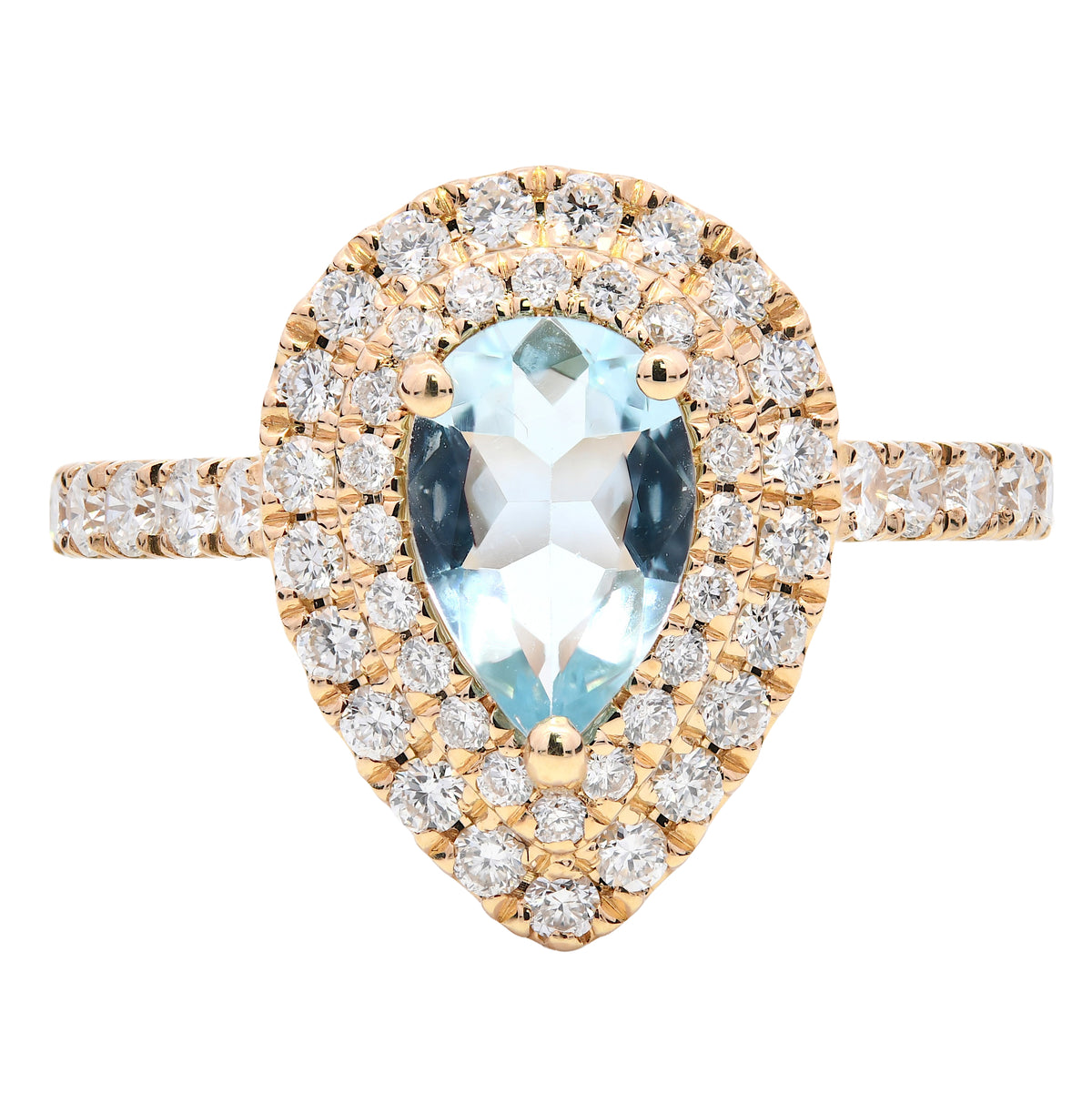 Aquamarine 0.54ct & Diamond 0.70ct Pear Halo Ring in 18k Yellow Gold