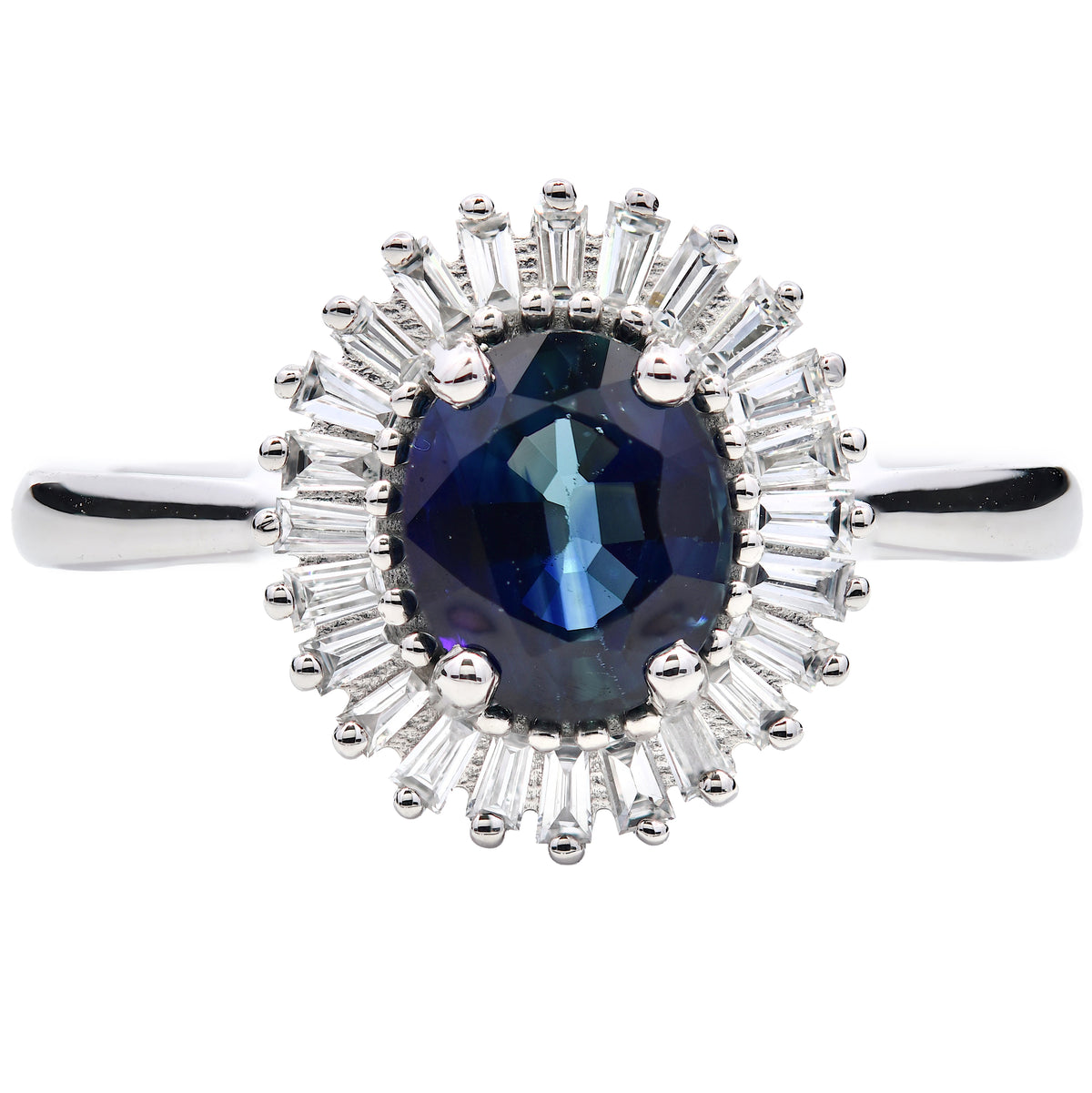 Blue Sapphire 1.06ct & Diamond 0.21ct Oval & Baguette Halo Ring in Platinum