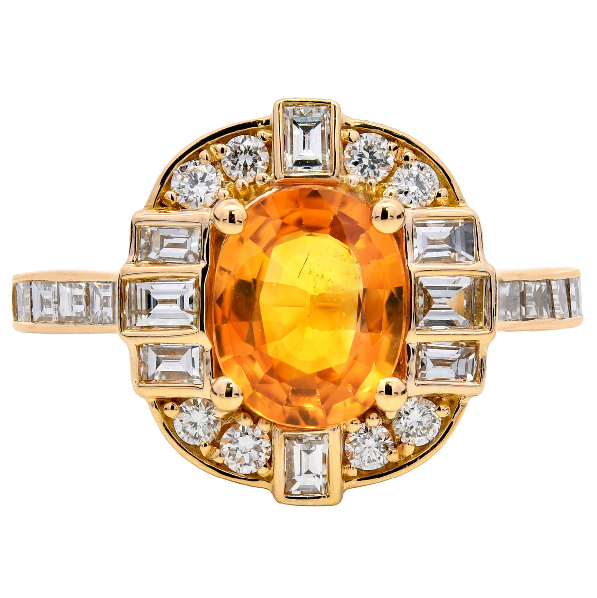 Orange sapphire and diamond cluster ring in 18k yellow gold
