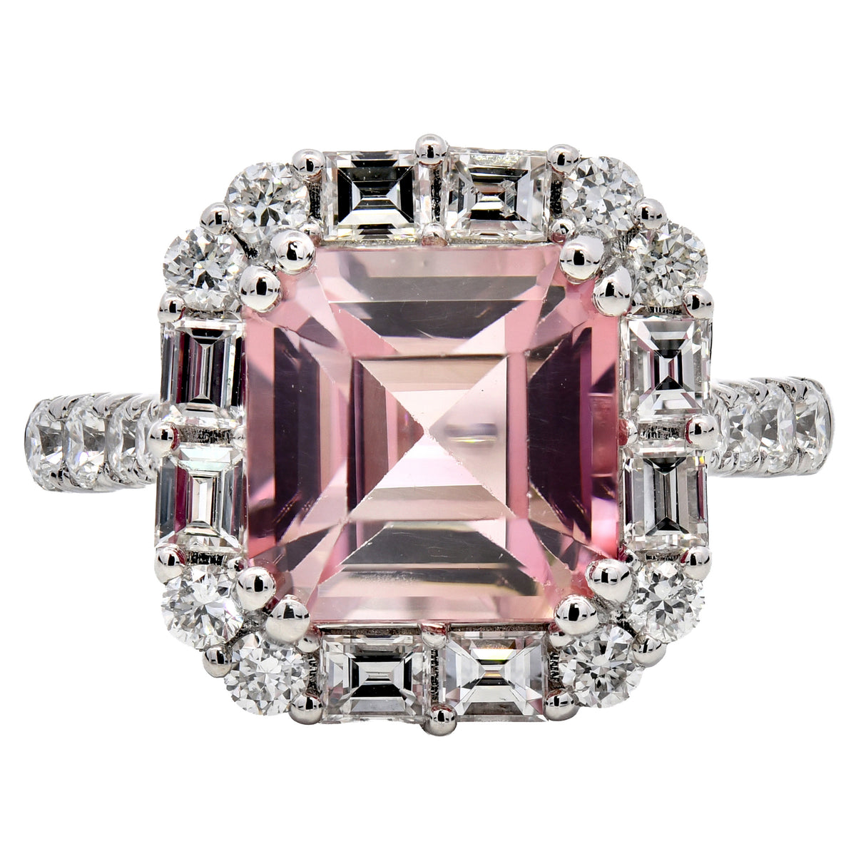 Pink tourmaline and diamond emerald cut cluster ring in platinum