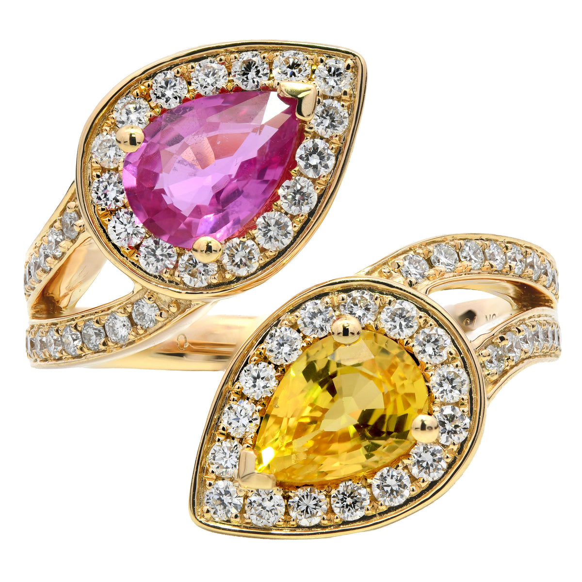 Pink and yellow sapphire pear toi et moi ring with diamonds in 18k yellow gold
