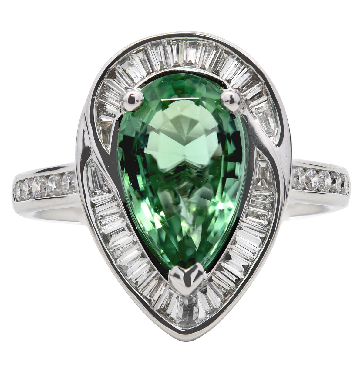 Mint tourmaline and diamond pear cluster ring in platinum