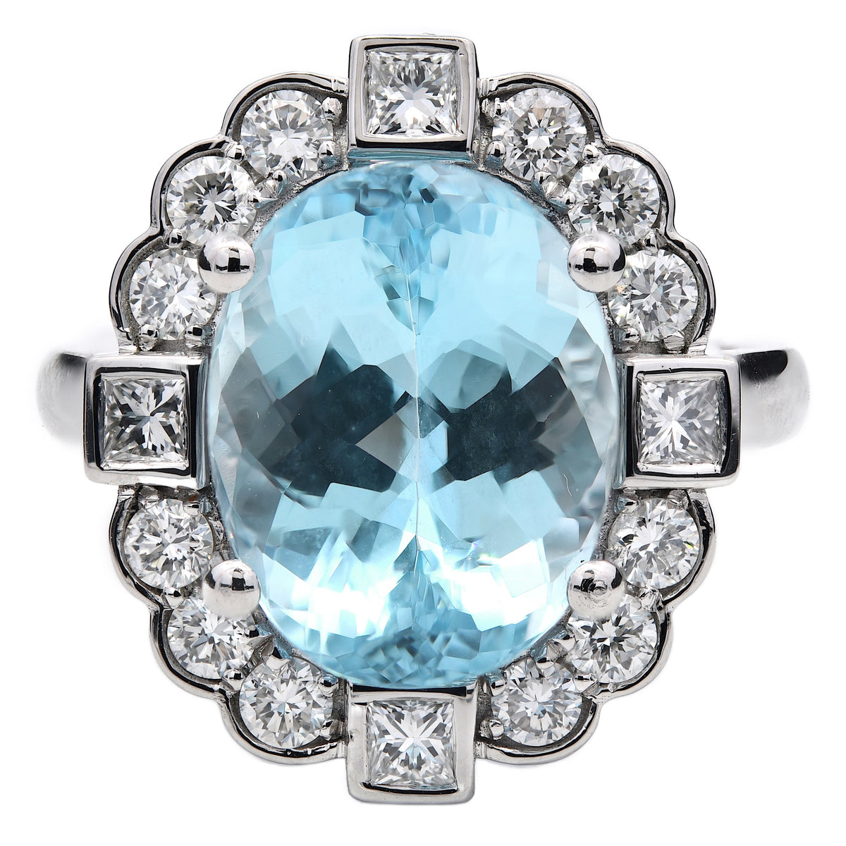 Aquamarine and diamond cluster ring in platinum