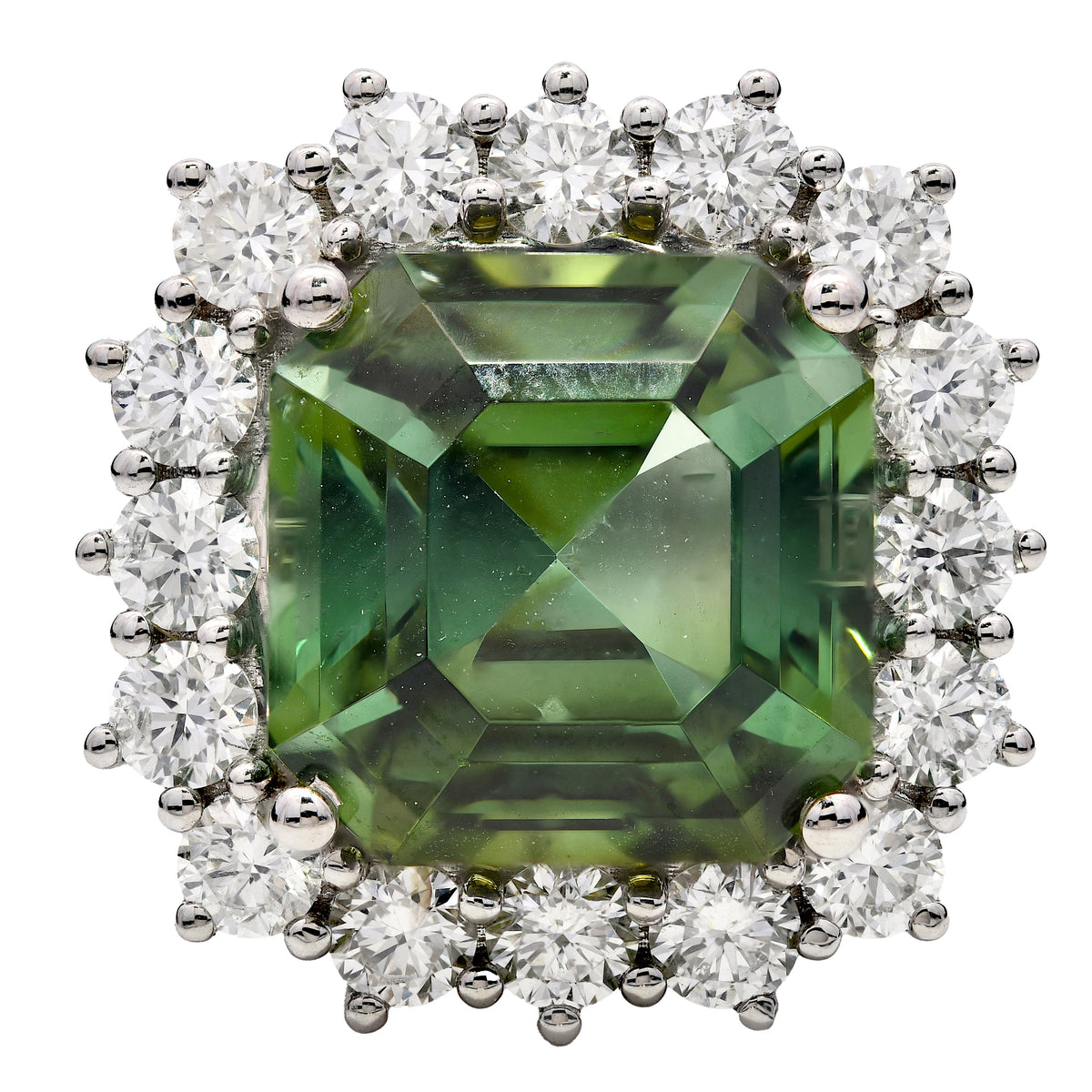 Green tourmaline and diamond cluster ring in platinum