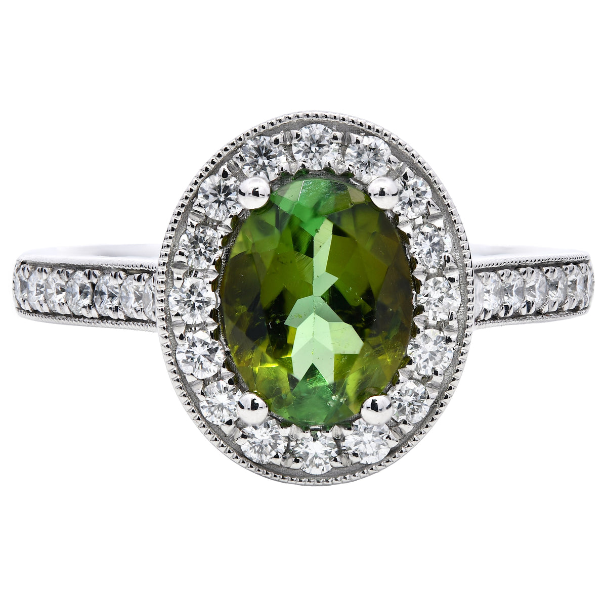 Green Tourmaline 1.20ct & Diamond 0.38ct Halo Ring in Platinum