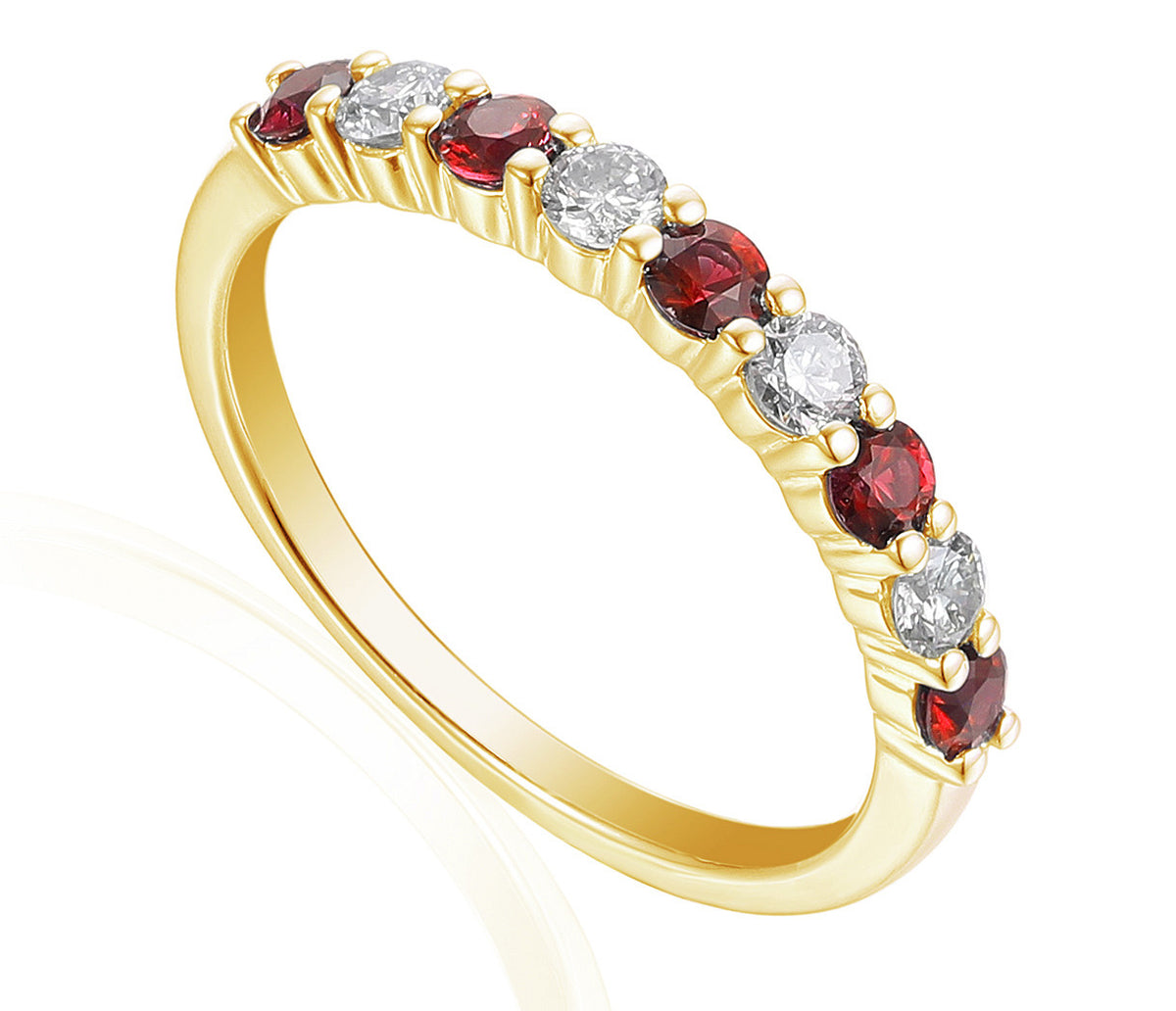 Ruby and diamond half eternity stacking ring in 18k yellow gold