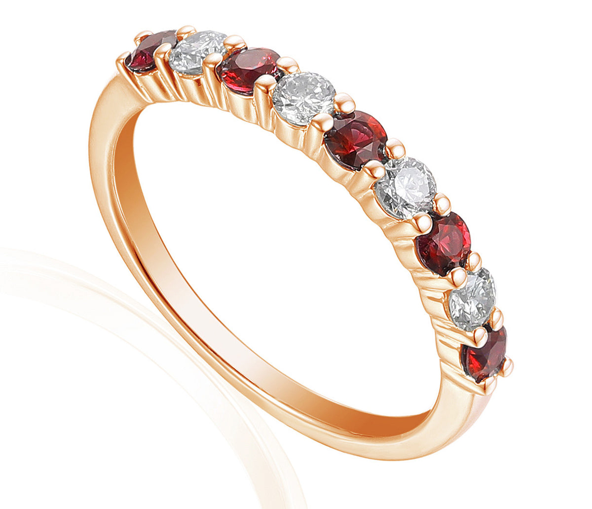 Ruby and diamond half eternity stacking ring in 18k rose gold