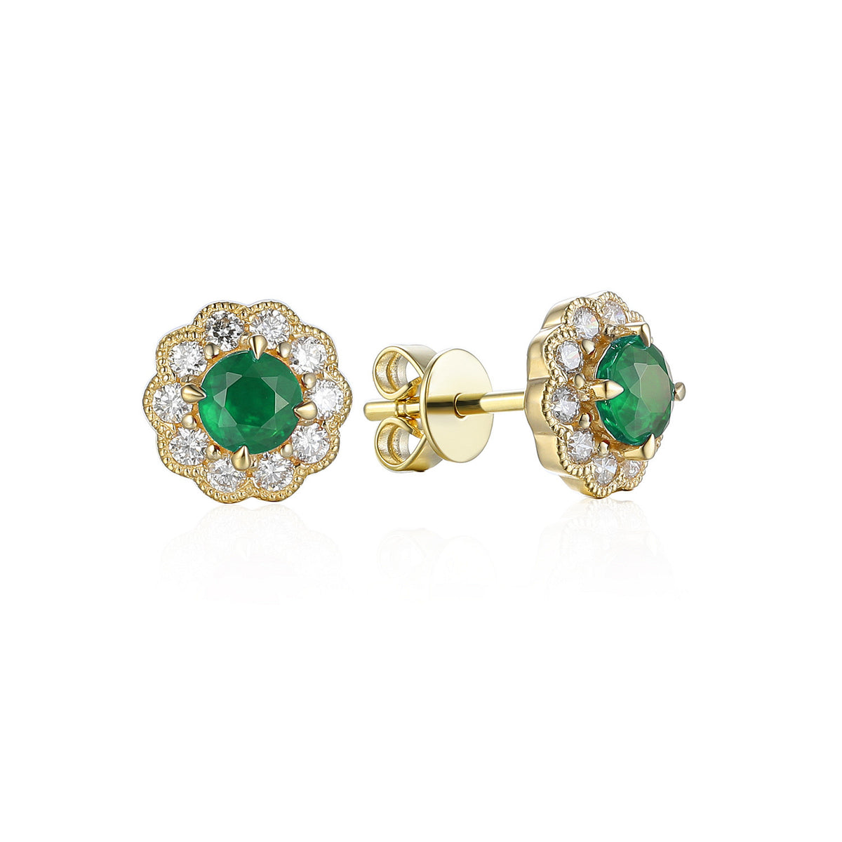 Emerald and diamond flower halo stud earrings in 18k yellow gold