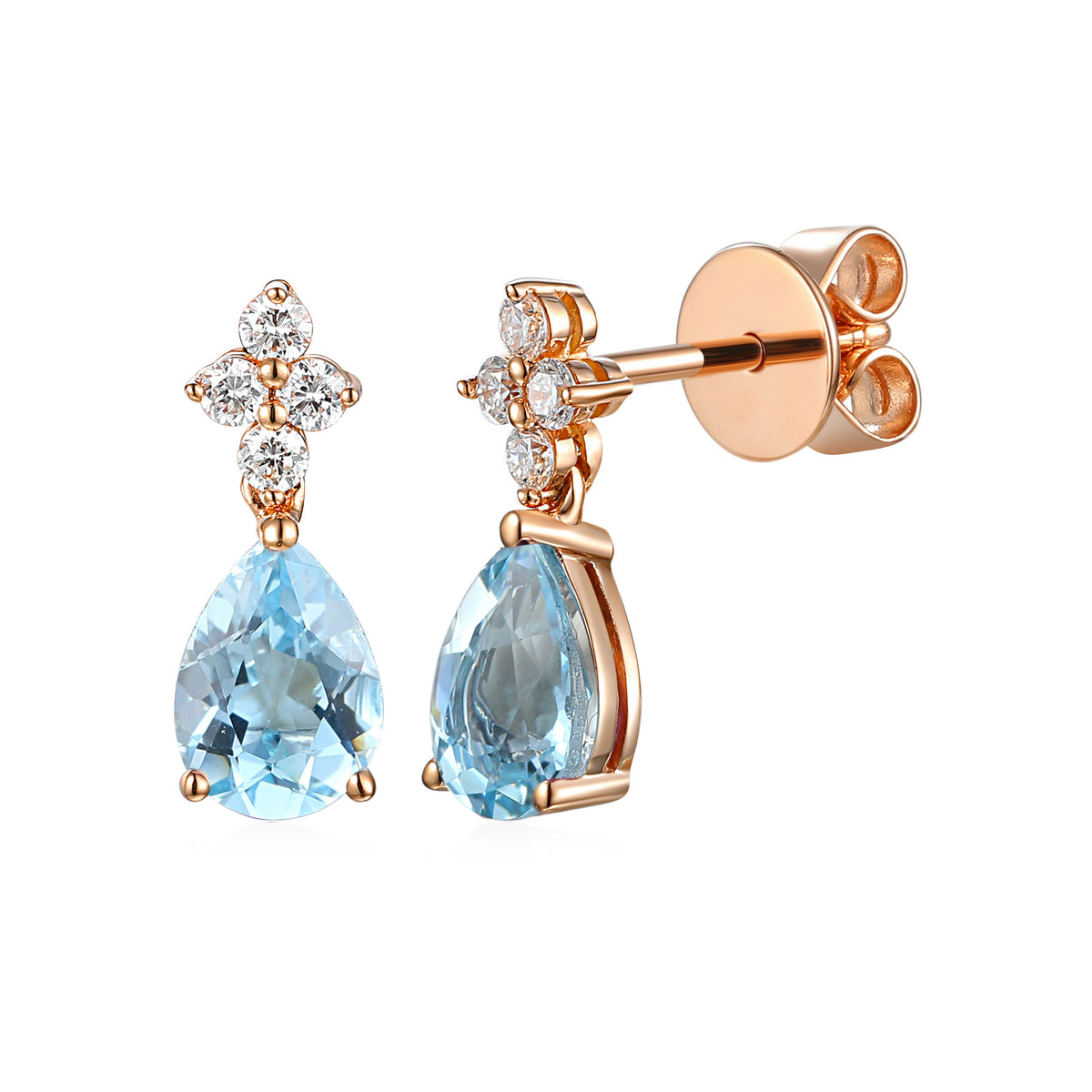 Aquamarine and diamond pear drop earrings in 18k rose gold