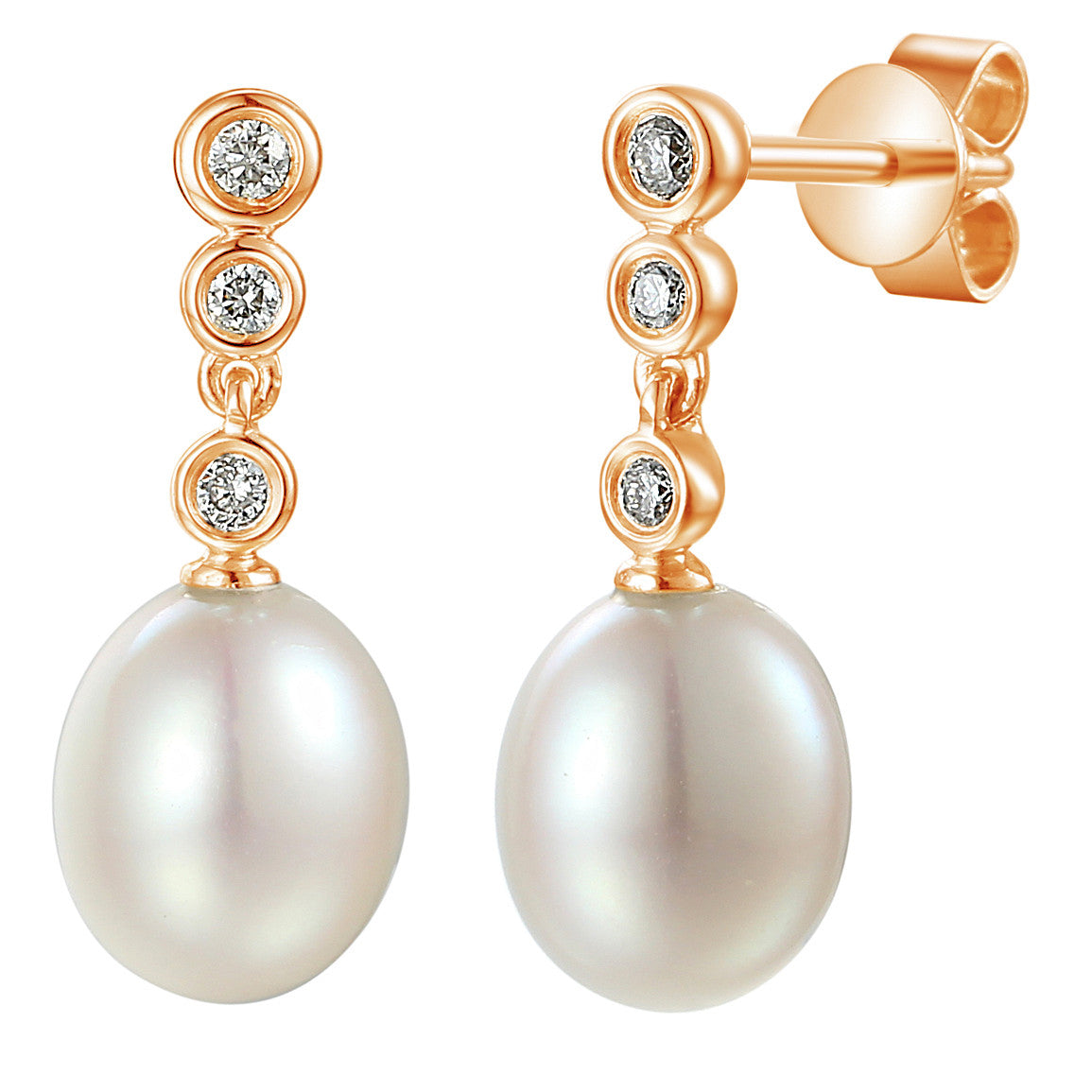 Oval pearl and diamond drop earrings in 18k rose gold