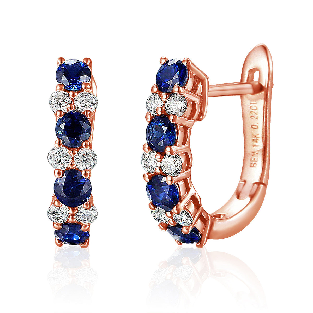 Blue sapphire and diamond hoop earrings in 18k rose gold