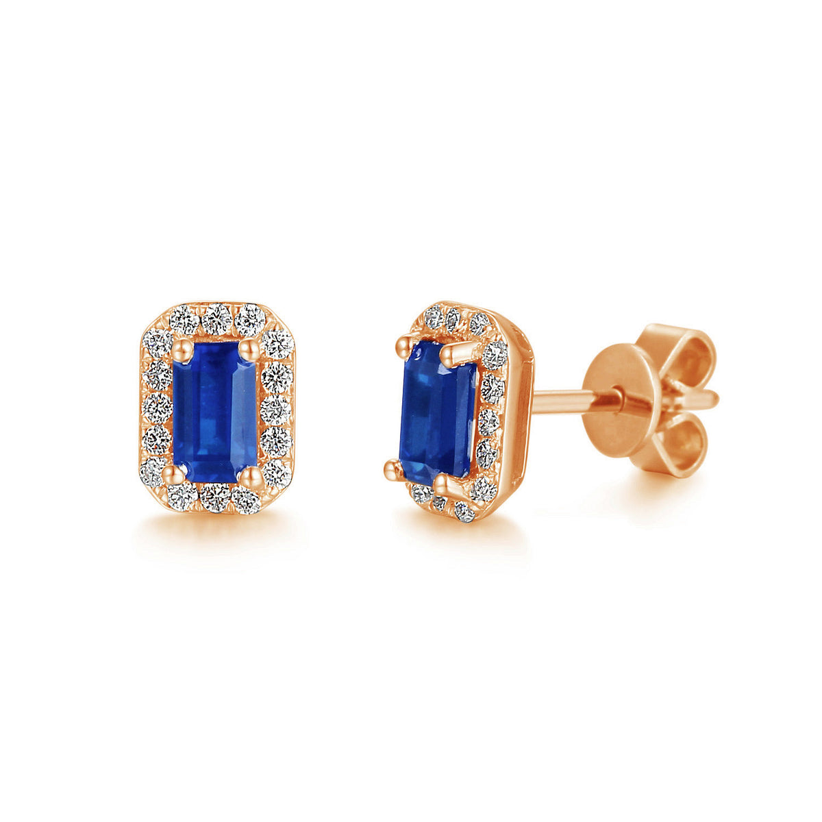 Emerald cut blue sapphire and diamond halo earrings in 18k rose gold
