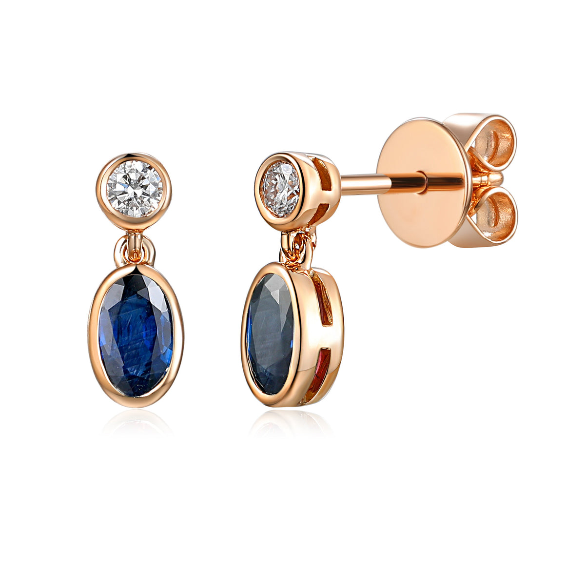Oval blue sapphire and diamond drop earrings in 18k rose gold