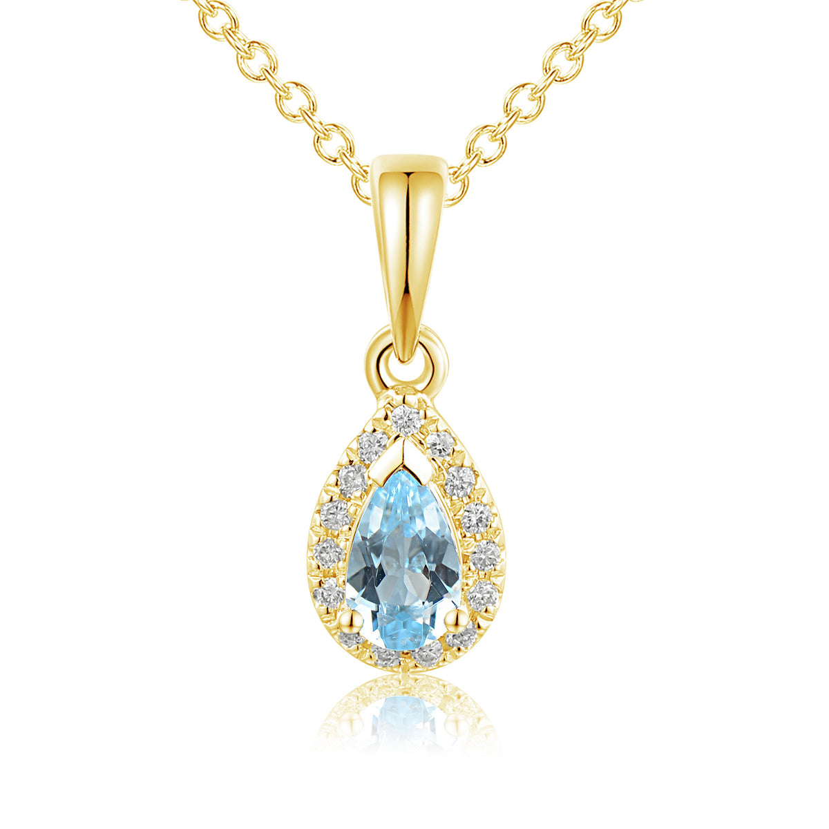 Pear aquamarine and diamond halo pendant and chain in 18k yellow gold