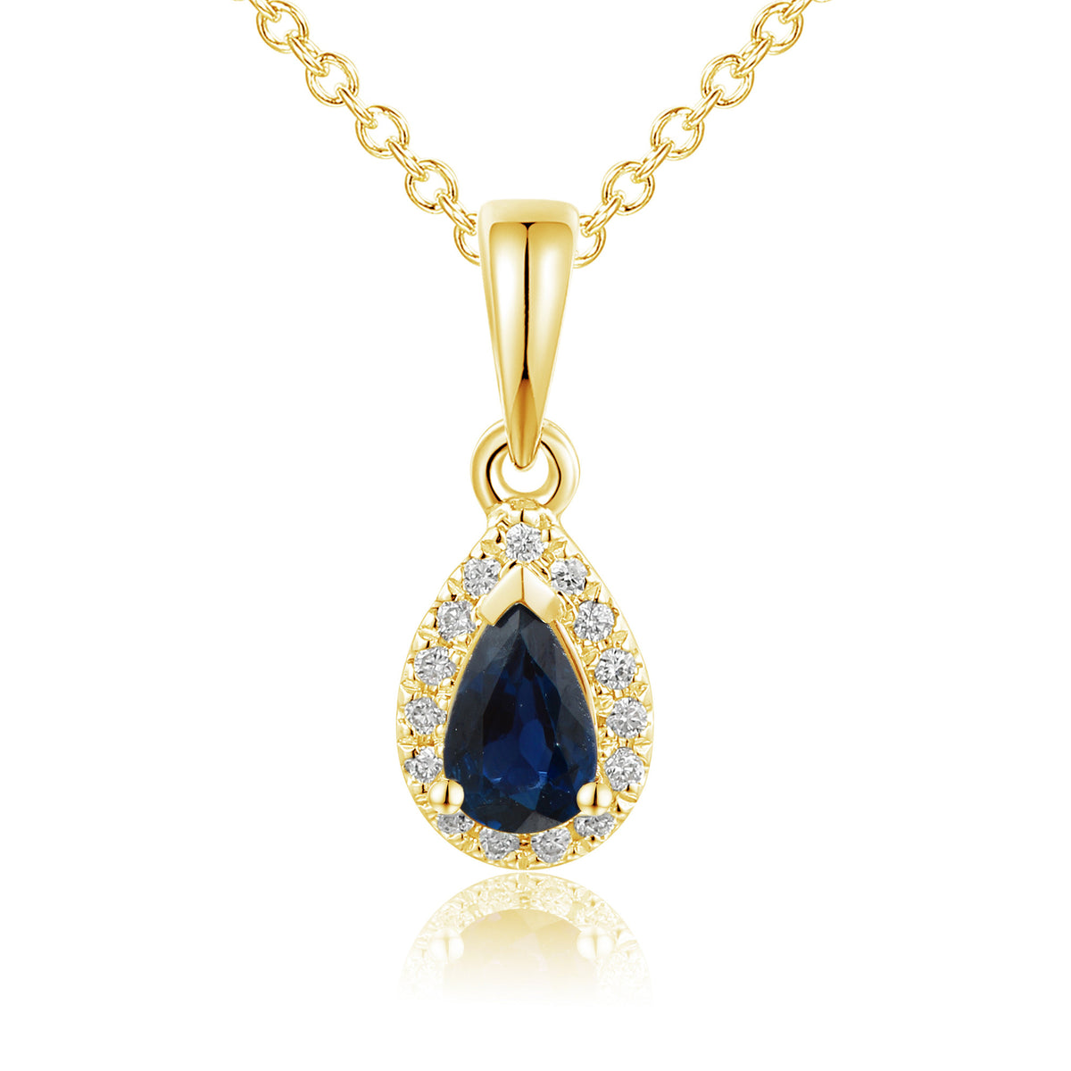 Pear blue sapphire and diamond halo pendant and chain in 18k yellow gold