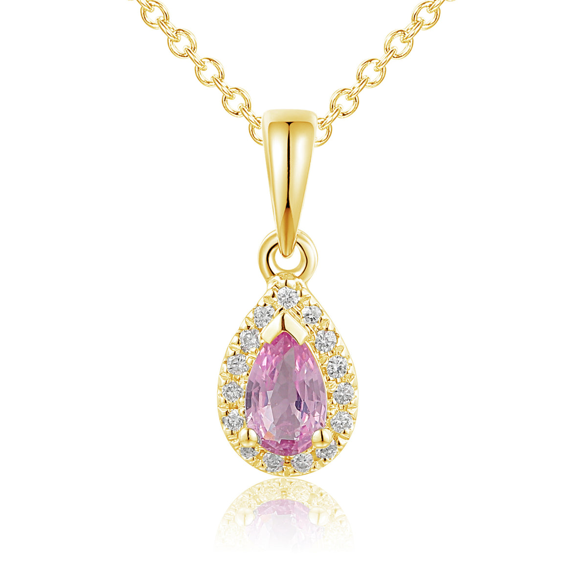 Pear pink sapphire and diamond halo pendant and chain in 18k yellow gold