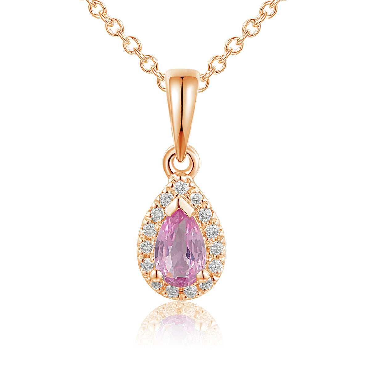 Pear pink sapphire and diamond halo pendant and chain in 18k rose gold