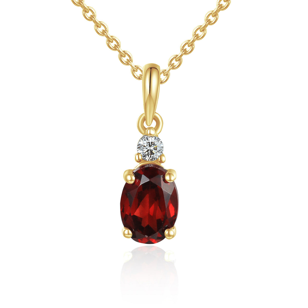 Oval garnet and diamond drop pendant and chain in 18k yellow gold