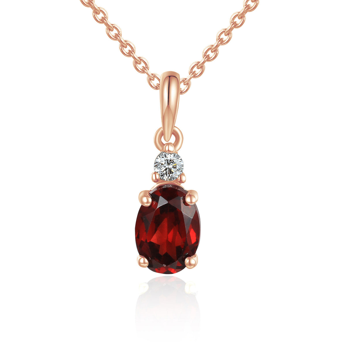 Oval garnet and diamond drop pendant and chain in 18k rose gold