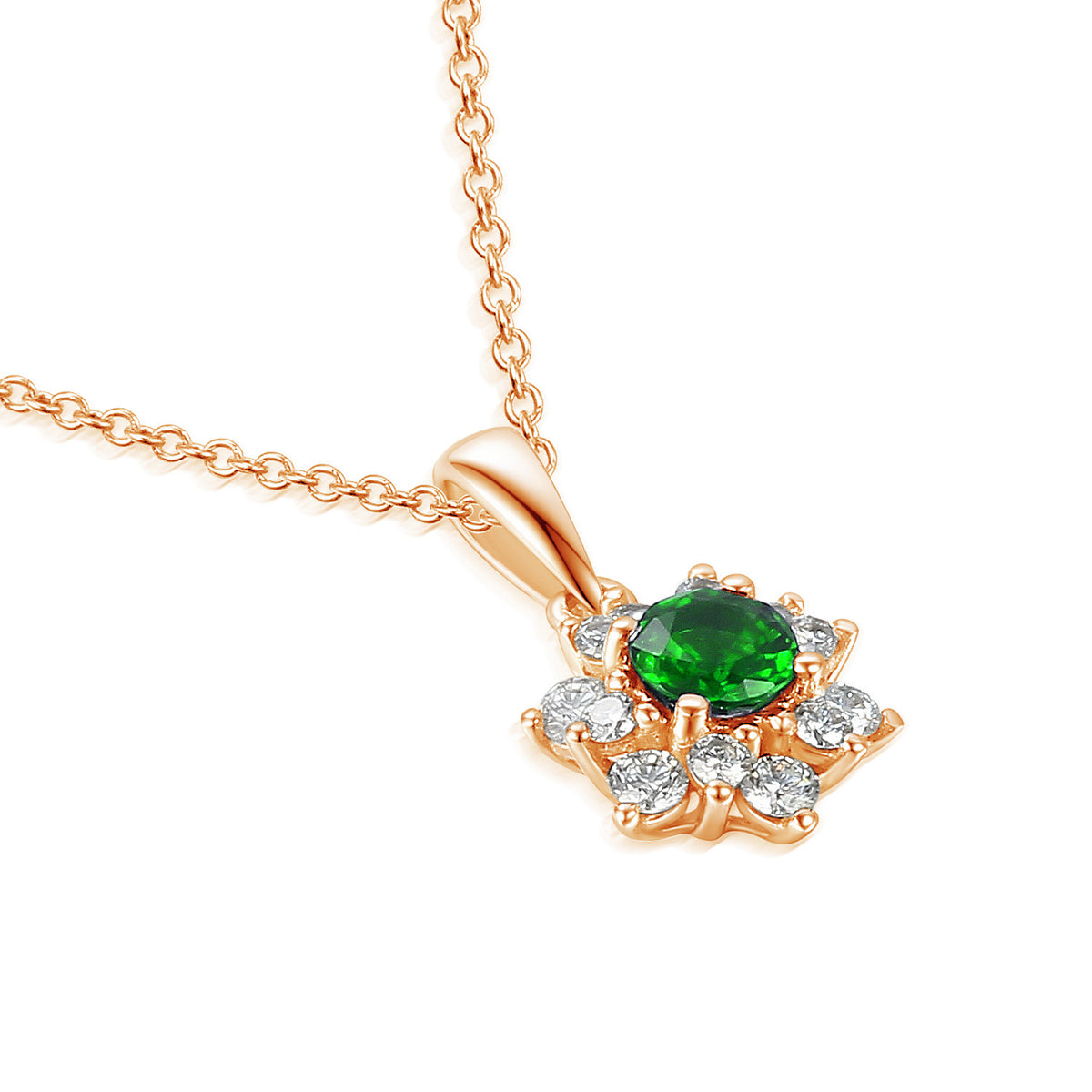 Round emerald and diamond cluster pendant and chain in 18k rose gold