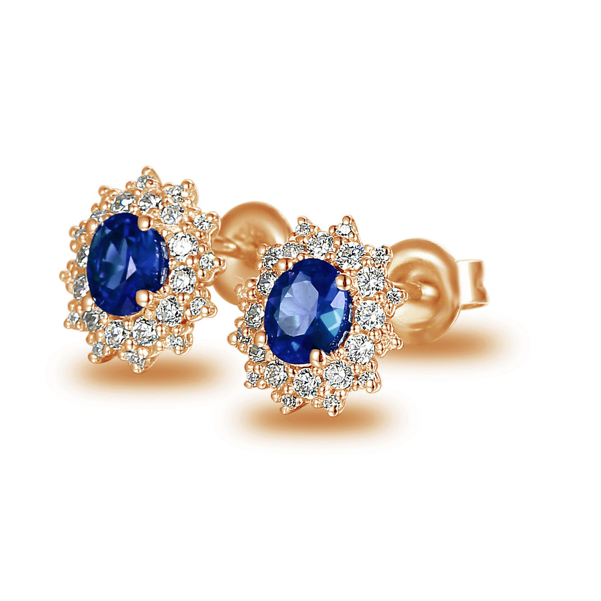 Oval sapphire and diamond cluster earrings in 18k rose gold