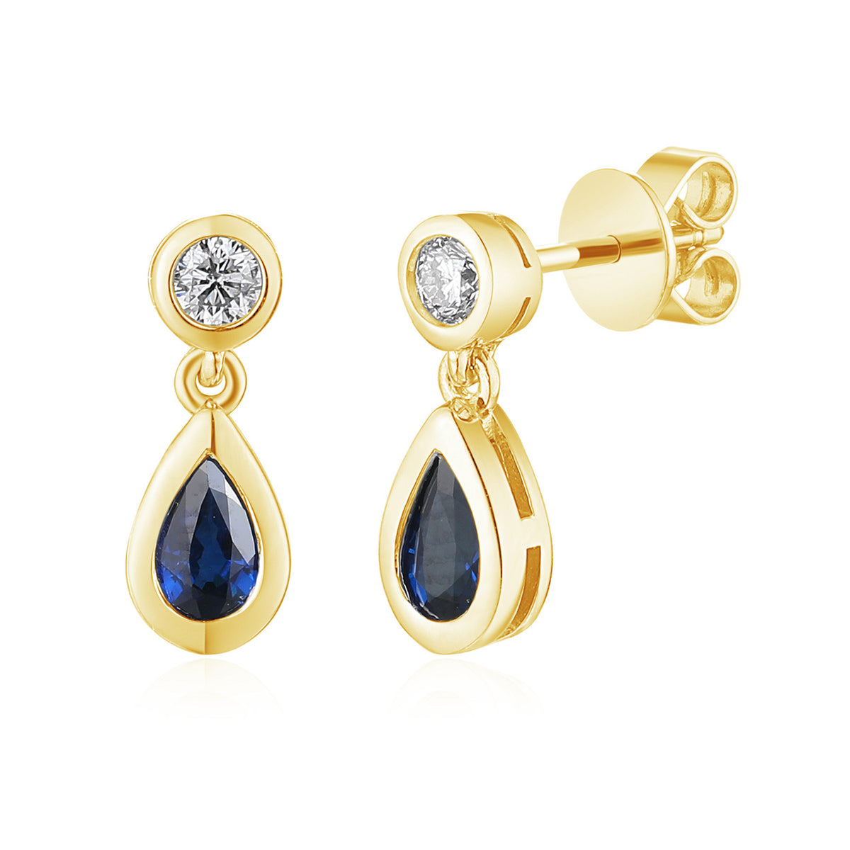 Pear sapphire and diamond rubover drop earrings in 18k yellow gold
