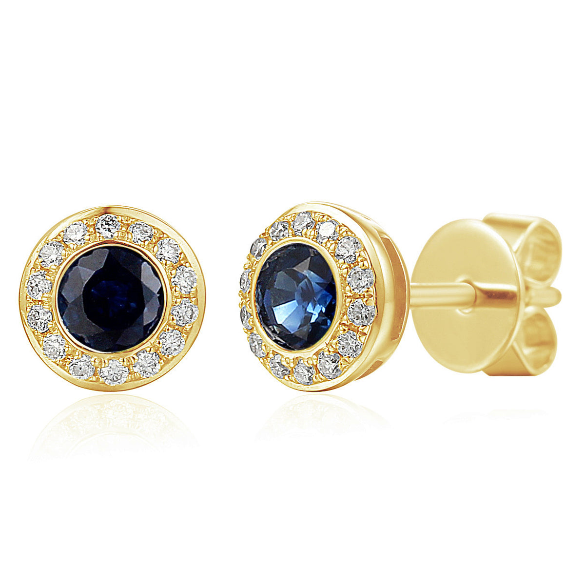 Round sapphire and diamond rubover halo stud earrings in 18k yellow gold