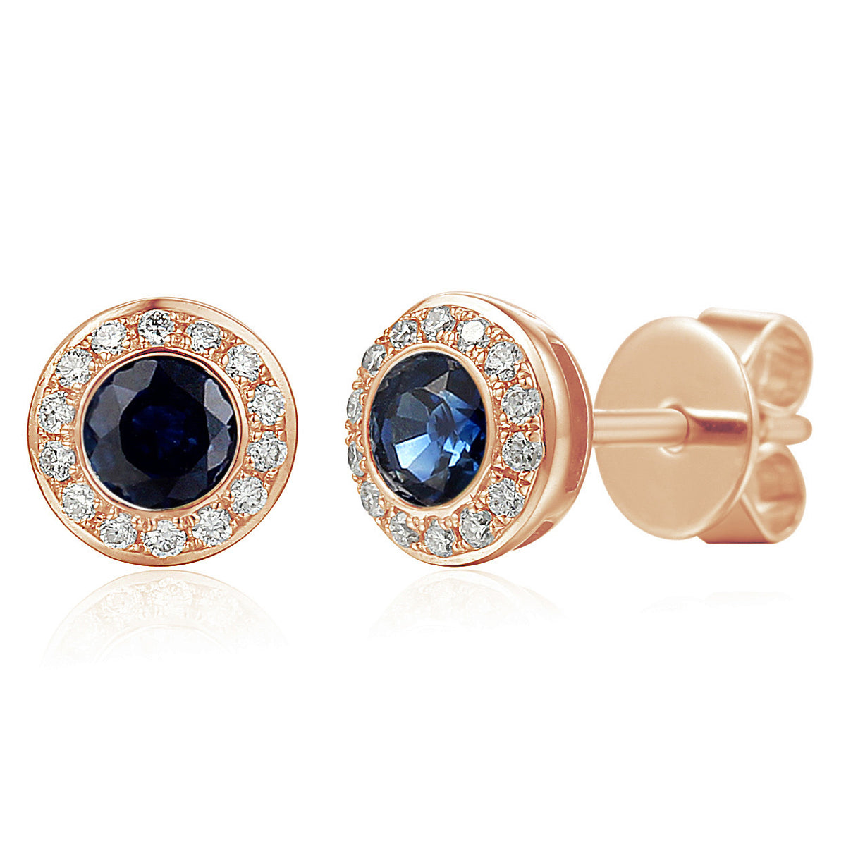 Round sapphire and diamond rubover halo stud earrings in 18k rose gold