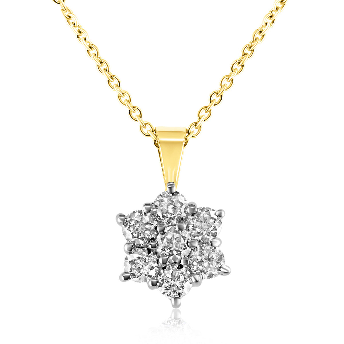Diamond daisy cluster pendant and chain in 18k yellow and white gold