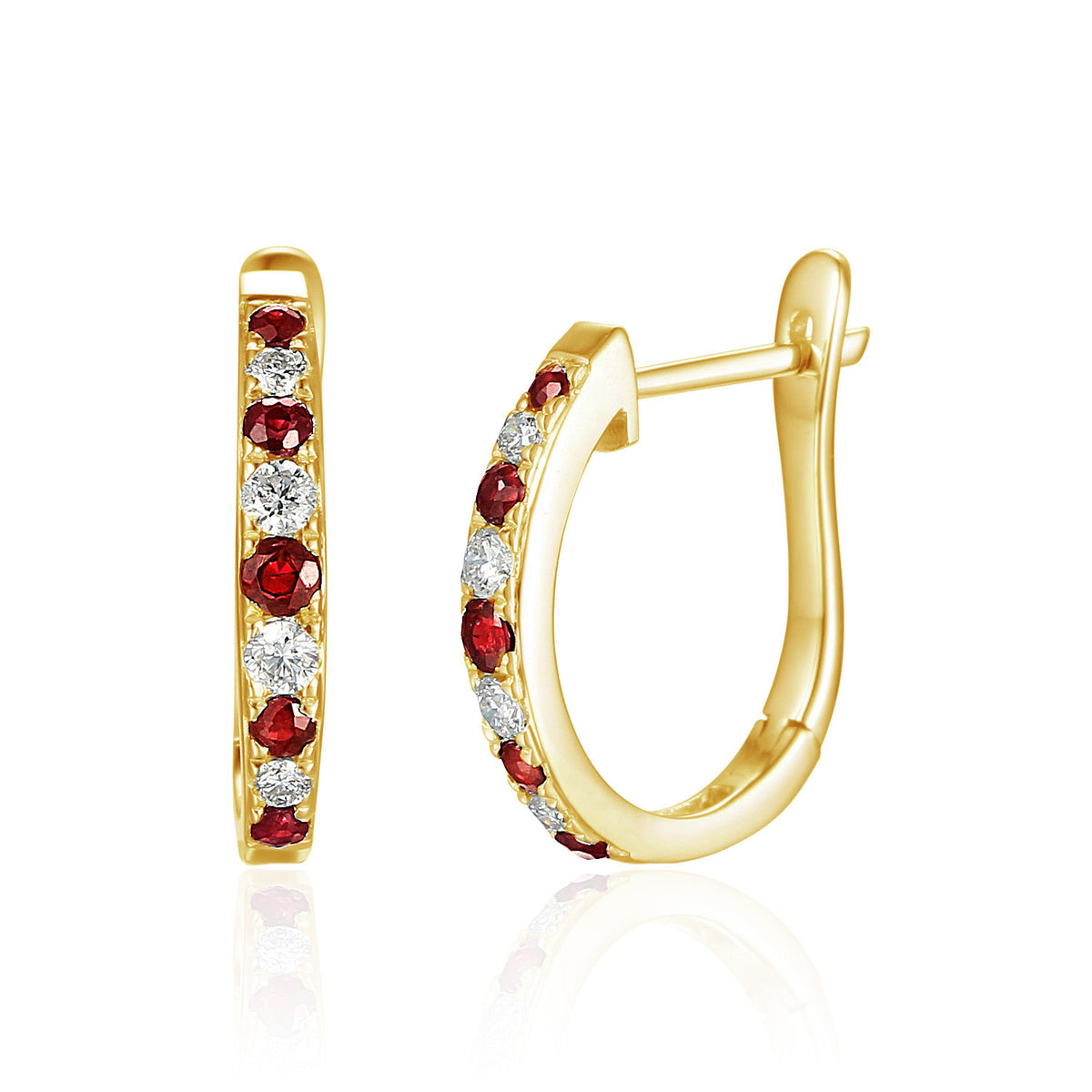 Ruby and diamond hoop earrings in 18k yellow gold