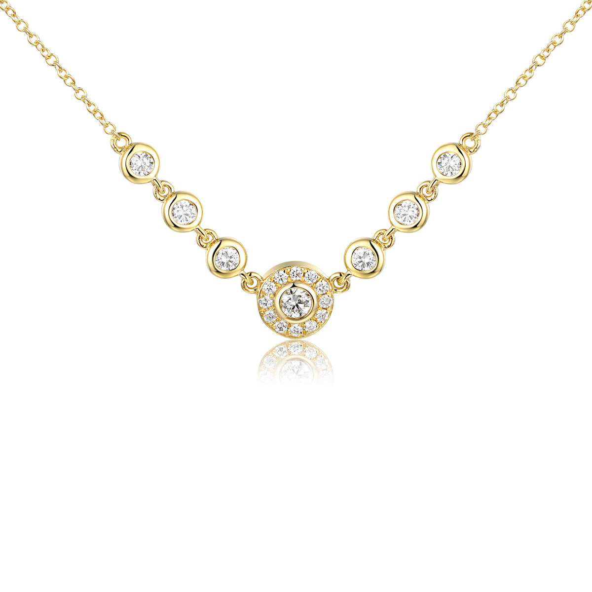 Diamond seven stone halo necklace 0.31ct in 18k yellow gold