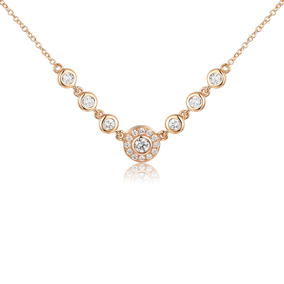 Diamond seven stone halo necklace 0.31ct in 18k rose gold