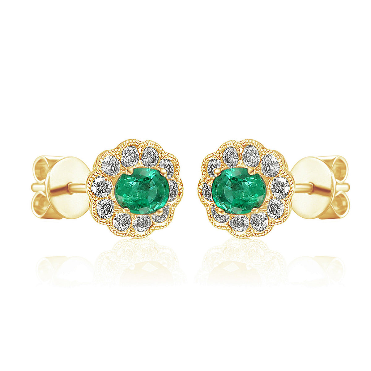 Oval emerald and diamond milgrain cluster earrings in 18k yellow gold