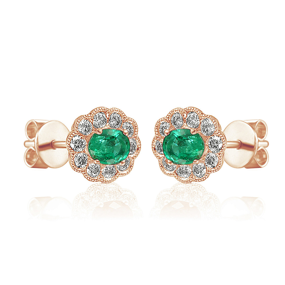Oval emerald and diamond milgrain cluster earrings in 18k rose gold