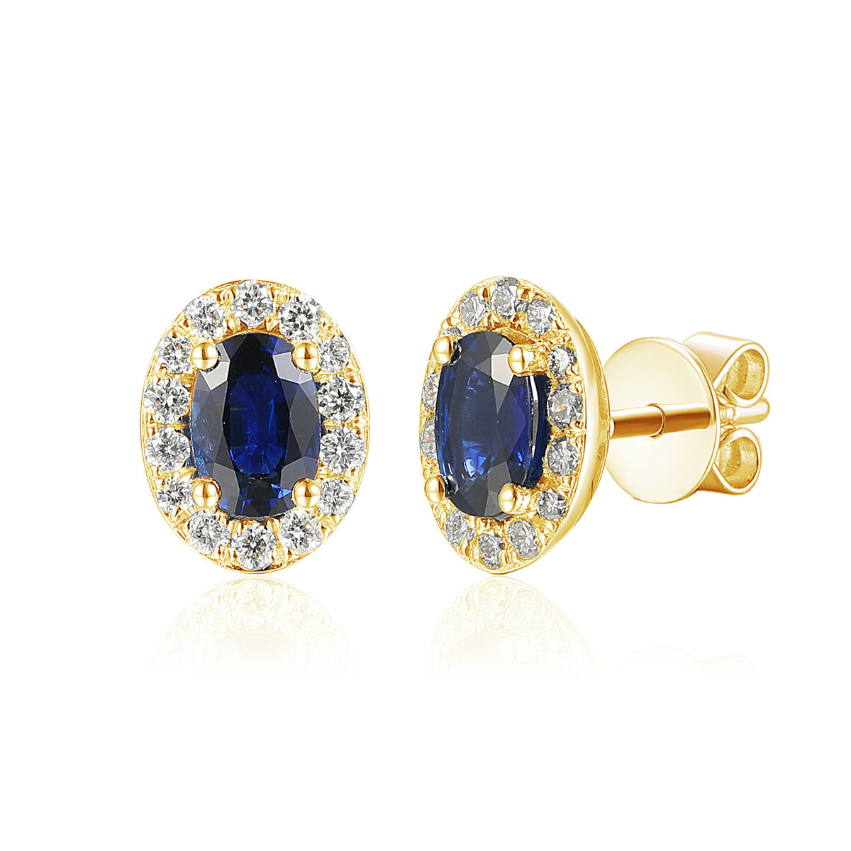 Oval blue sapphire and diamond halo earrings in 18k yellow gold