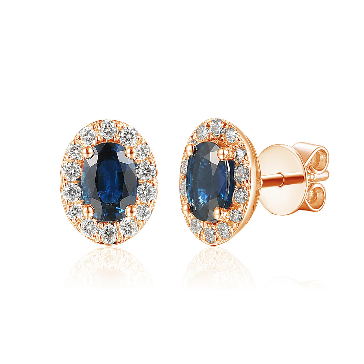 Oval blue sapphire and diamond halo earrings in 18k rose gold
