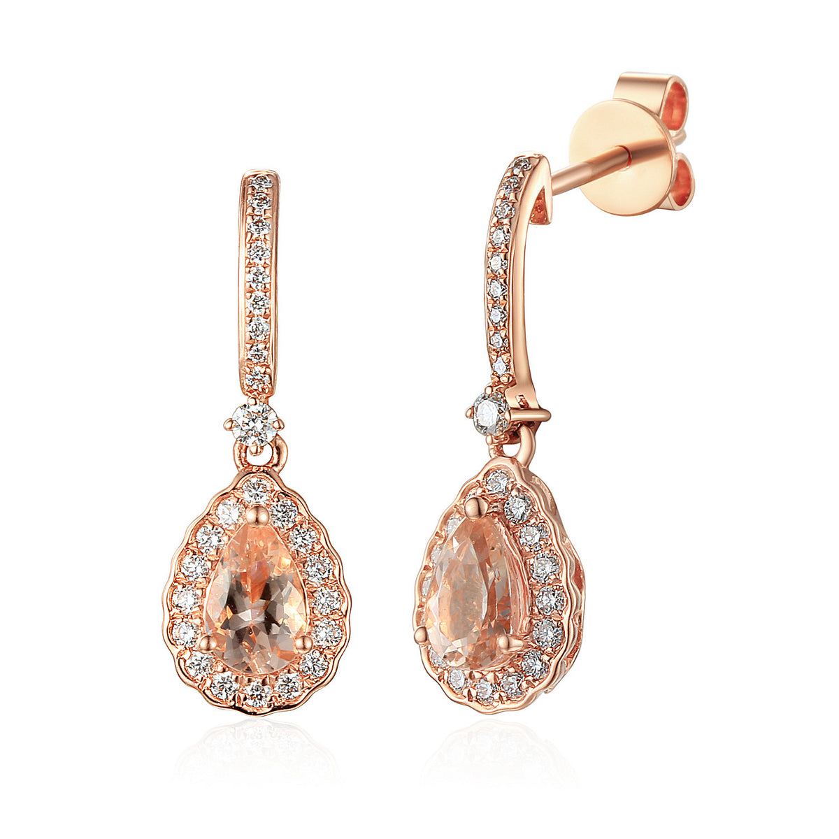 Pear morganite and diamond drop earrings in 18k rose gold